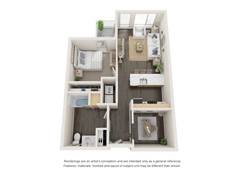 Floor plan for 1 bed, 1 bath, 729 sqft